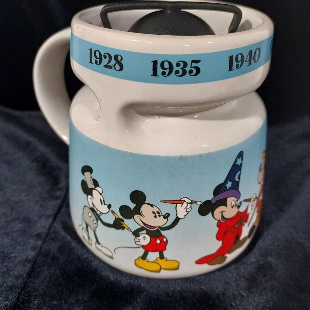 Disney Store Mickey Mouse Through the Years Ceramic Mug w/ Lid 1928-1947 Today